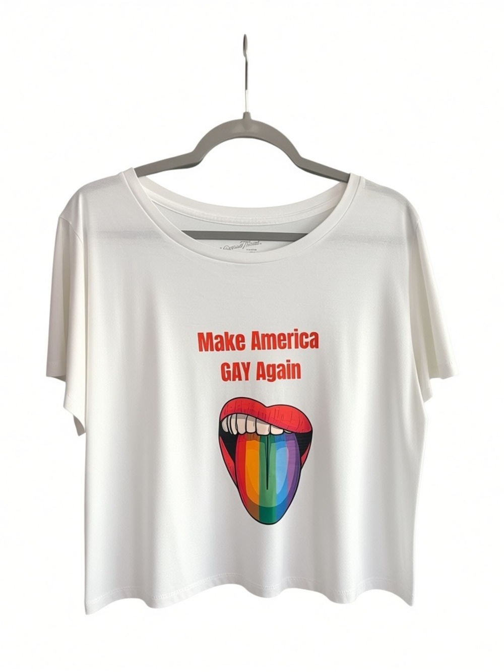 White Short Sleeve Tee with Red Lips and Rainbow Tongue Graphic